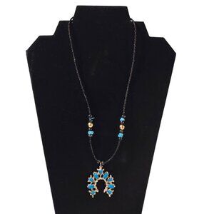 Southwestern Style Naja Pendant Necklace Turquoise Color Inlay Boho Beaded VTG